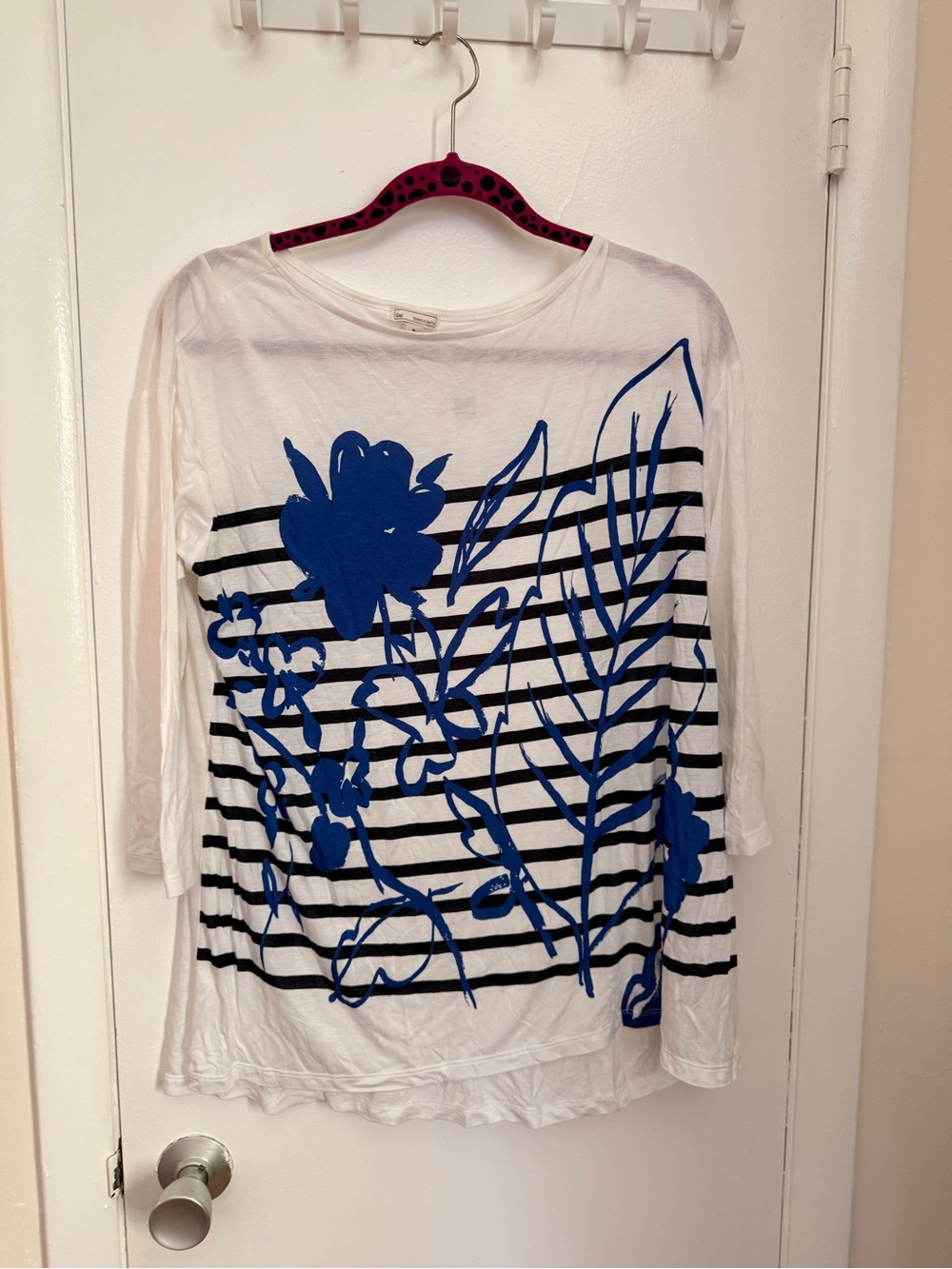 GAP White Long-Sleeve Top with Blue Floral and Black Stripes